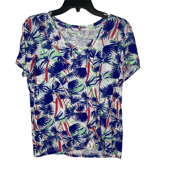 Casey Key knit t-shirt tee blouse top women's large petite P-L blue tropical - Picture 1 of 7